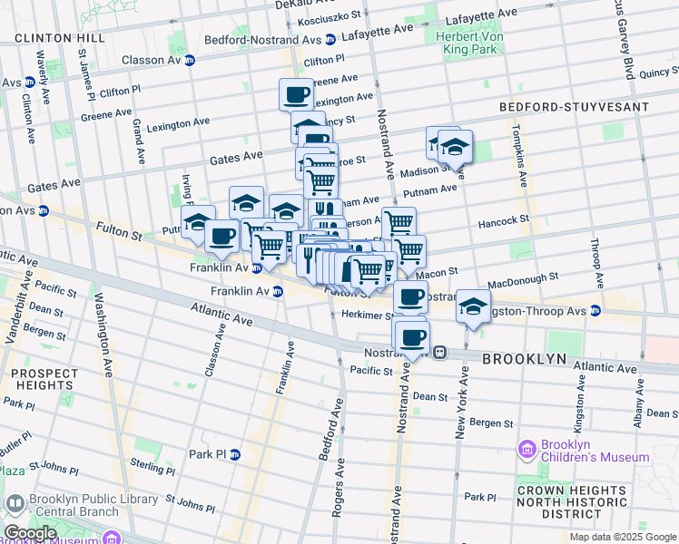 map of restaurants, bars, coffee shops, grocery stores, and more near 1225 Fulton Street in Brooklyn