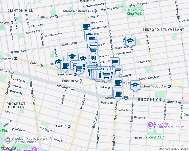 map of restaurants, bars, coffee shops, grocery stores, and more near 1225 Fulton Street in Brooklyn