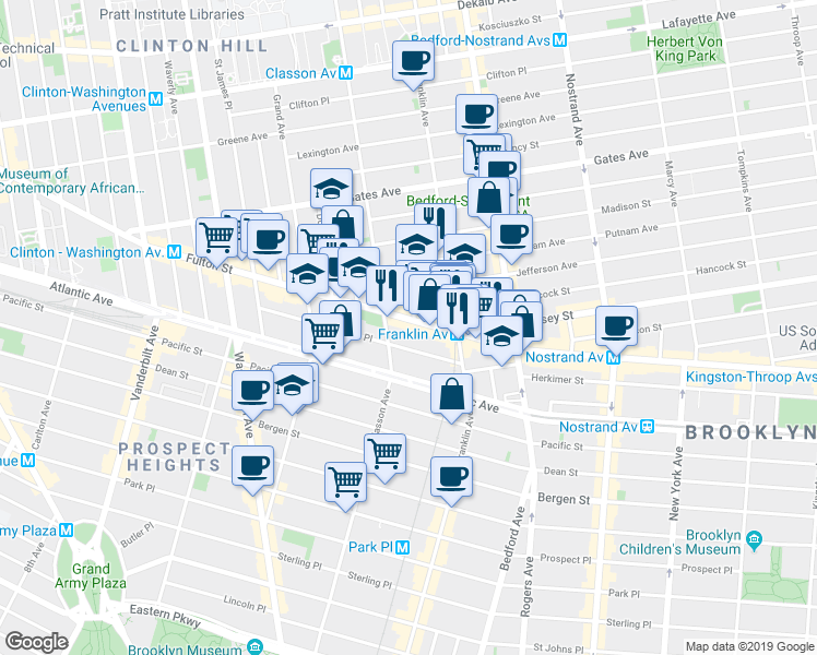 map of restaurants, bars, coffee shops, grocery stores, and more near 1066 Fulton Street in Brooklyn