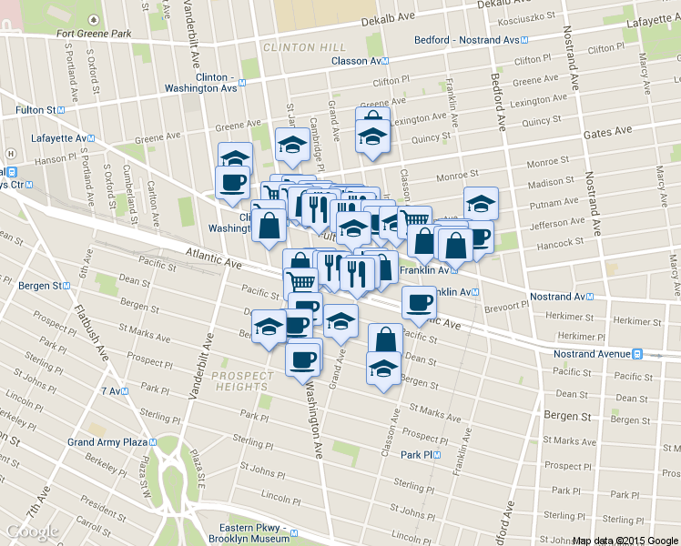 map of restaurants, bars, coffee shops, grocery stores, and more near 42 Lefferts Place in Brooklyn