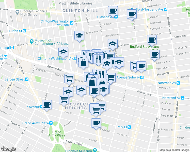 map of restaurants, bars, coffee shops, grocery stores, and more near 298 Saint James Place in Brooklyn