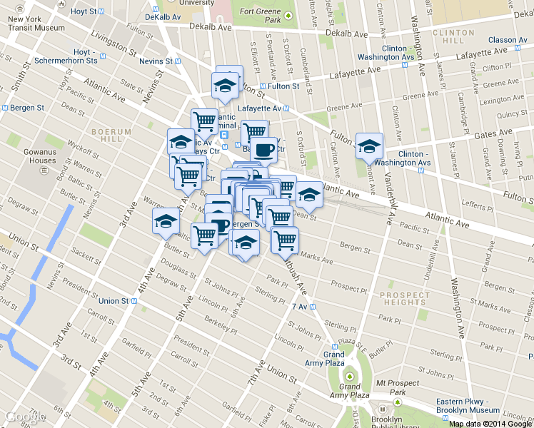 map of restaurants, bars, coffee shops, grocery stores, and more near 237 Flatbush Avenue in Brooklyn