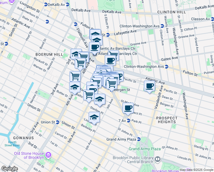 map of restaurants, bars, coffee shops, grocery stores, and more near 237 Flatbush Avenue in Brooklyn