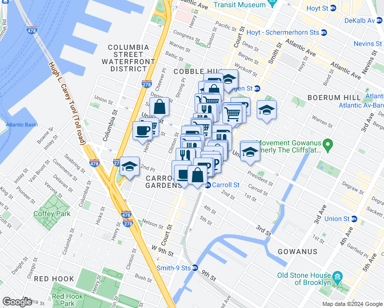 map of restaurants, bars, coffee shops, grocery stores, and more near 374 Court Street in Brooklyn