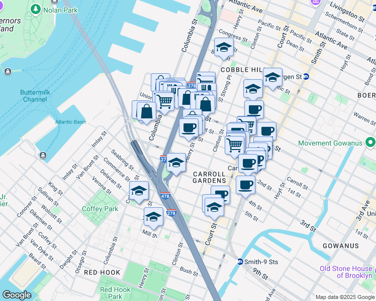 map of restaurants, bars, coffee shops, grocery stores, and more near 166 Summit Street in Brooklyn