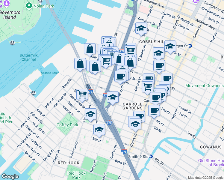map of restaurants, bars, coffee shops, grocery stores, and more near 639 Hicks Street in Brooklyn