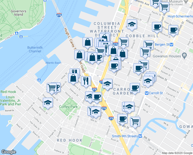 map of restaurants, bars, coffee shops, grocery stores, and more near 8 Woodhull Street in Brooklyn