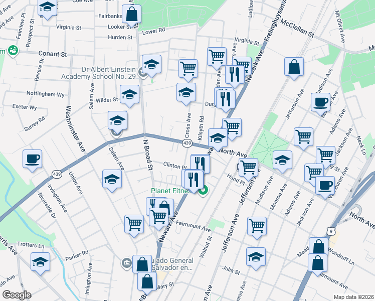 map of restaurants, bars, coffee shops, grocery stores, and more near 1338 North Avenue in Elizabeth