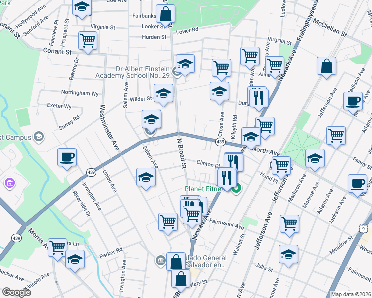map of restaurants, bars, coffee shops, grocery stores, and more near 755 North Broad Street in Elizabeth
