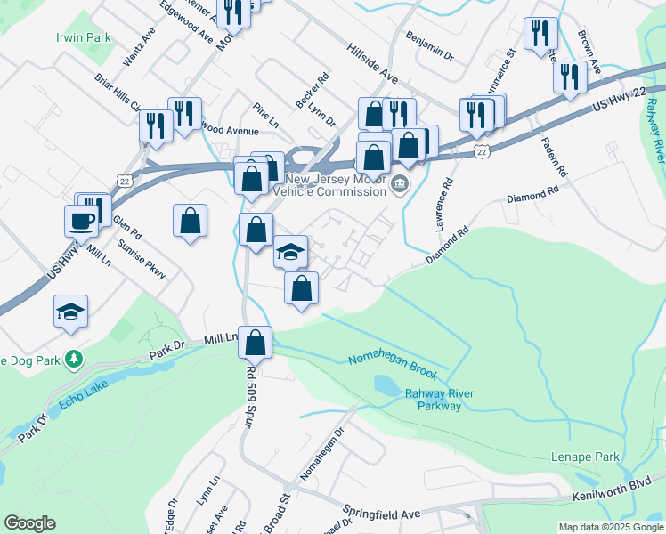 map of restaurants, bars, coffee shops, grocery stores, and more near 708 Park Place in Springfield
