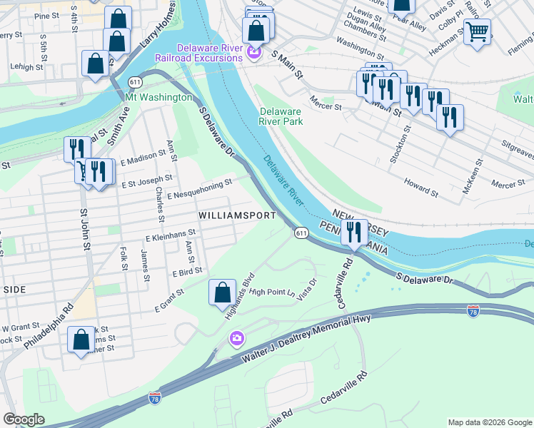 map of restaurants, bars, coffee shops, grocery stores, and more near 444 East Kleinhans Street in Easton
