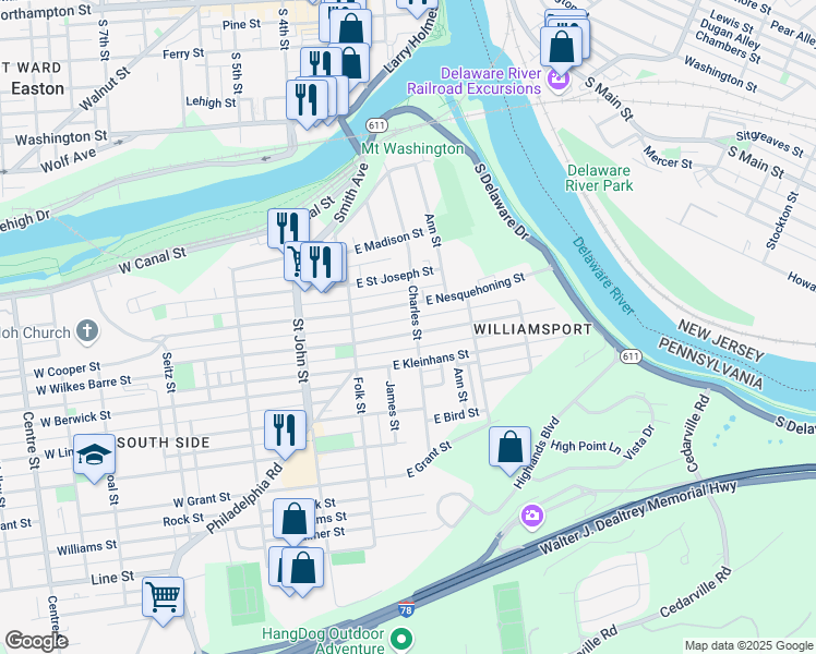 map of restaurants, bars, coffee shops, grocery stores, and more near 208 East Wilkes Barre Street in Easton