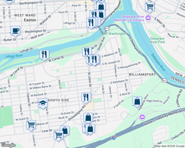 map of restaurants, bars, coffee shops, grocery stores, and more near 152 West Nesquehoning Street in Easton