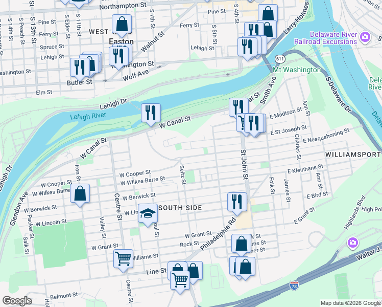 map of restaurants, bars, coffee shops, grocery stores, and more near 2 West Holt Street in Easton