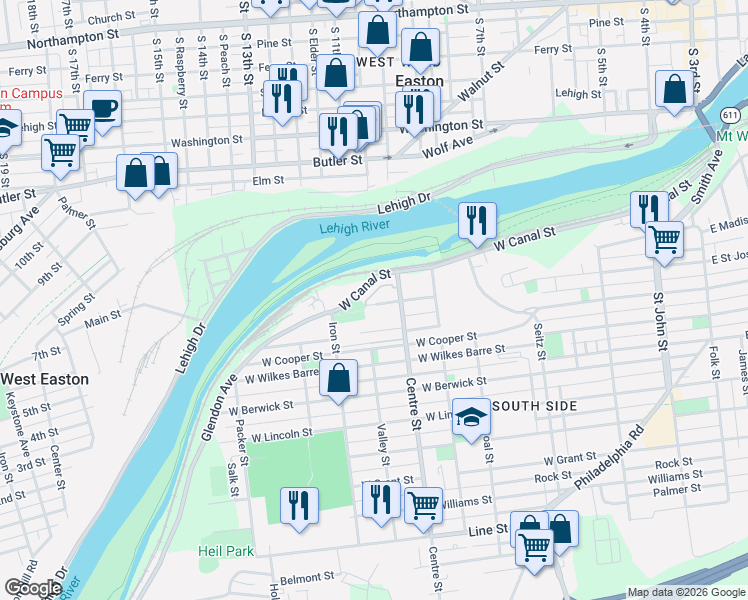 map of restaurants, bars, coffee shops, grocery stores, and more near 707 Mauch Chunk Street in Easton