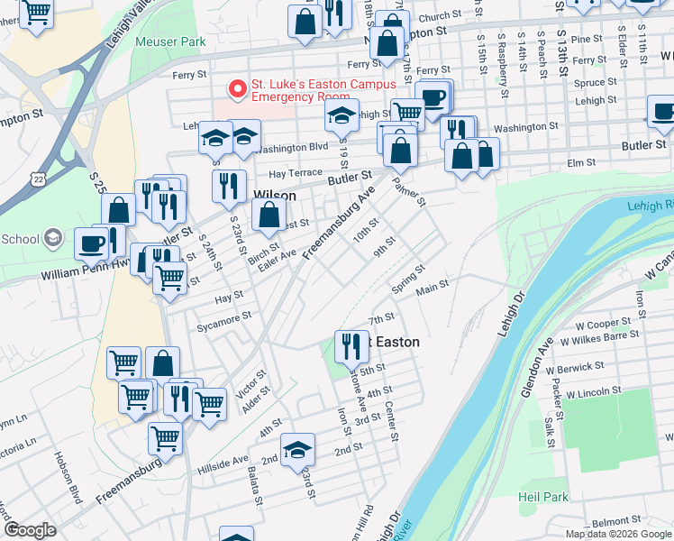 map of restaurants, bars, coffee shops, grocery stores, and more near 326 10th Street in Easton