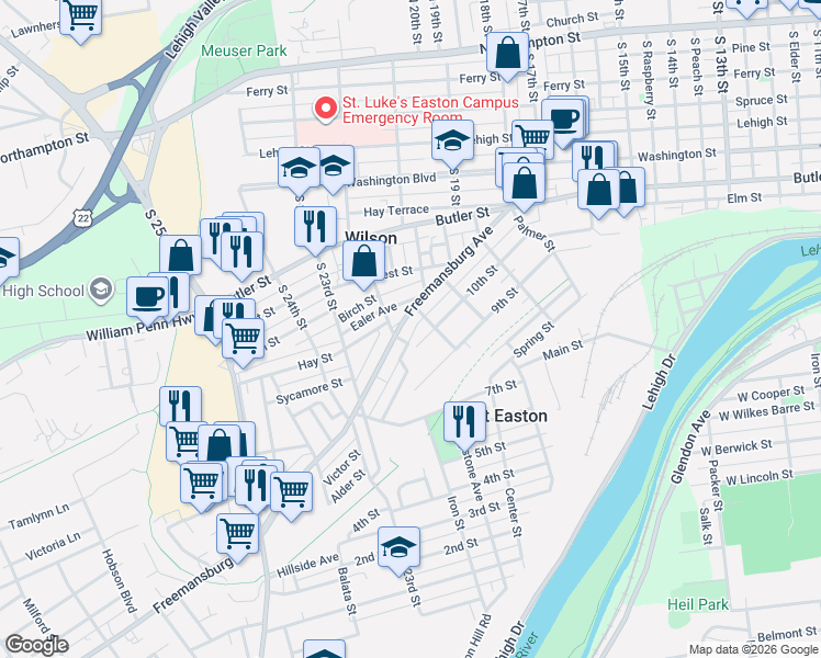 map of restaurants, bars, coffee shops, grocery stores, and more near 1014 Center Street in Easton