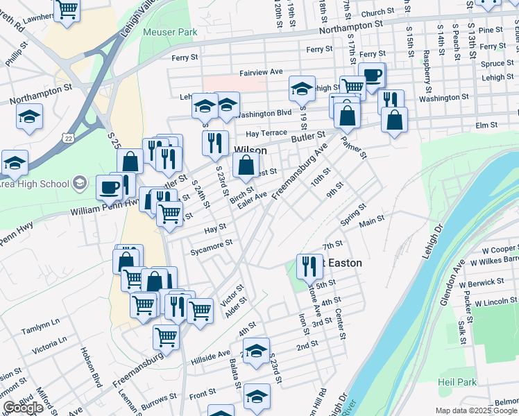 map of restaurants, bars, coffee shops, grocery stores, and more near 2105 Hay Street in Easton