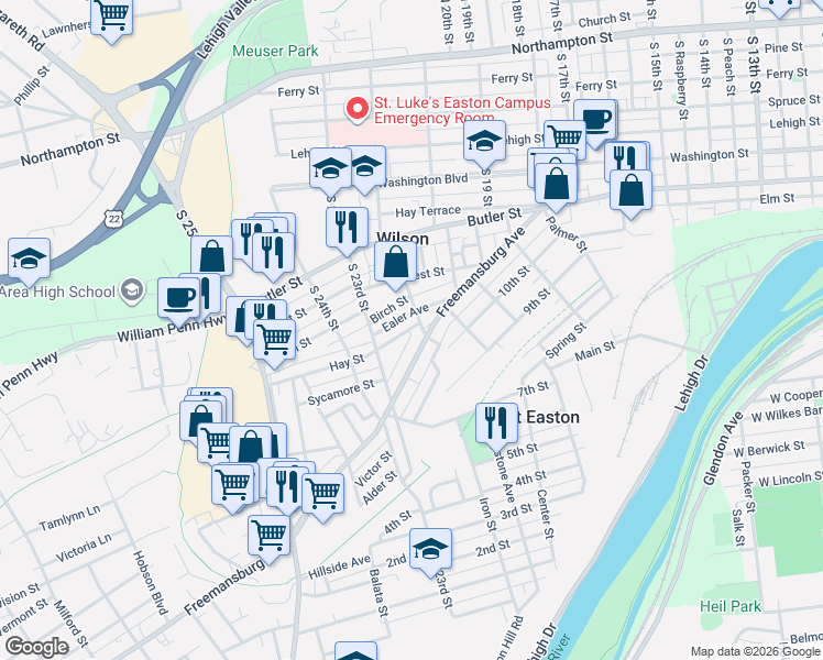 map of restaurants, bars, coffee shops, grocery stores, and more near 2105 Hay Street in Easton