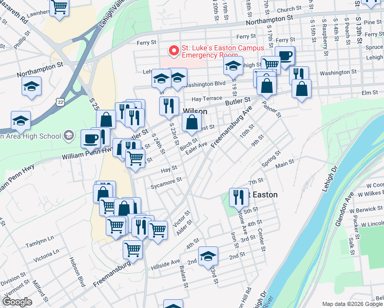 map of restaurants, bars, coffee shops, grocery stores, and more near 2105 Hay Street in Easton