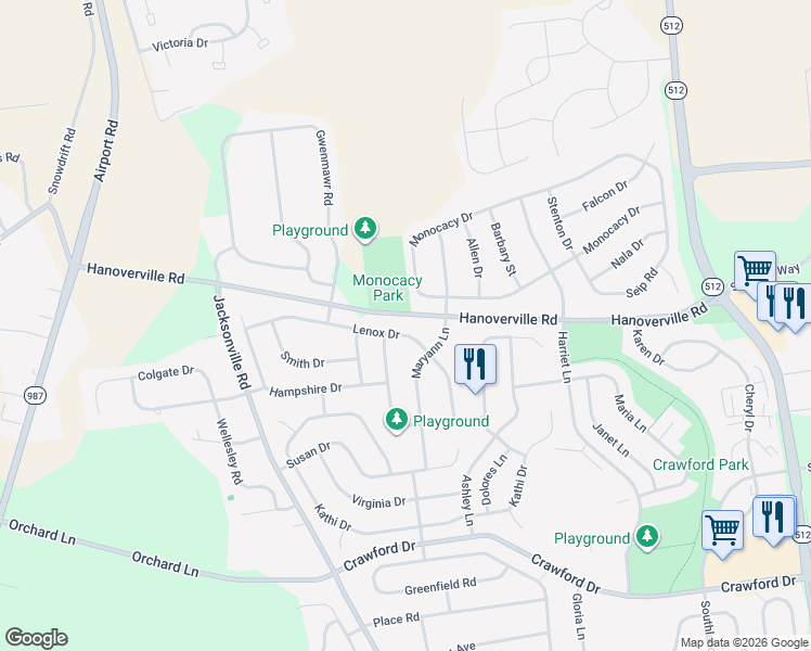 map of restaurants, bars, coffee shops, grocery stores, and more near 5865 Hanoverville Road in Bethlehem