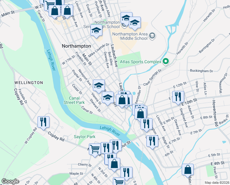 map of restaurants, bars, coffee shops, grocery stores, and more near 1315 Main Street in Northampton