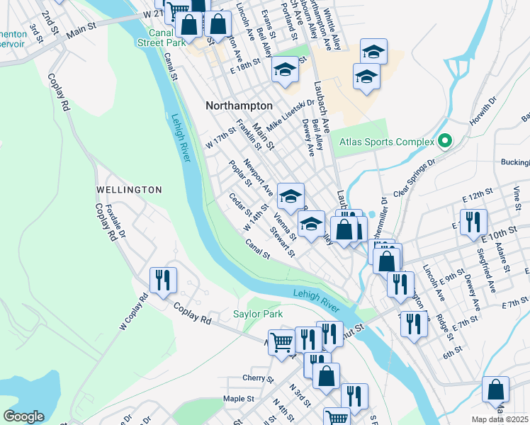 map of restaurants, bars, coffee shops, grocery stores, and more near 124 West 14th Street in Northampton