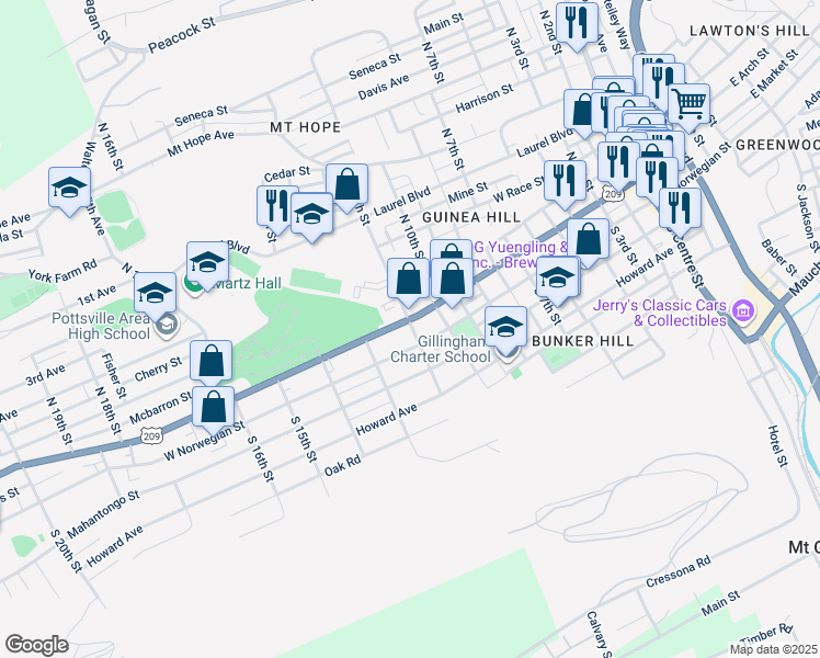 map of restaurants, bars, coffee shops, grocery stores, and more near 1127 West Market Street in Pottsville