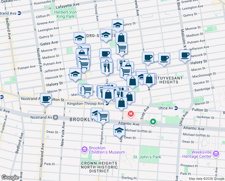 map of restaurants, bars, coffee shops, grocery stores, and more near 165 MacDonough Street in Brooklyn