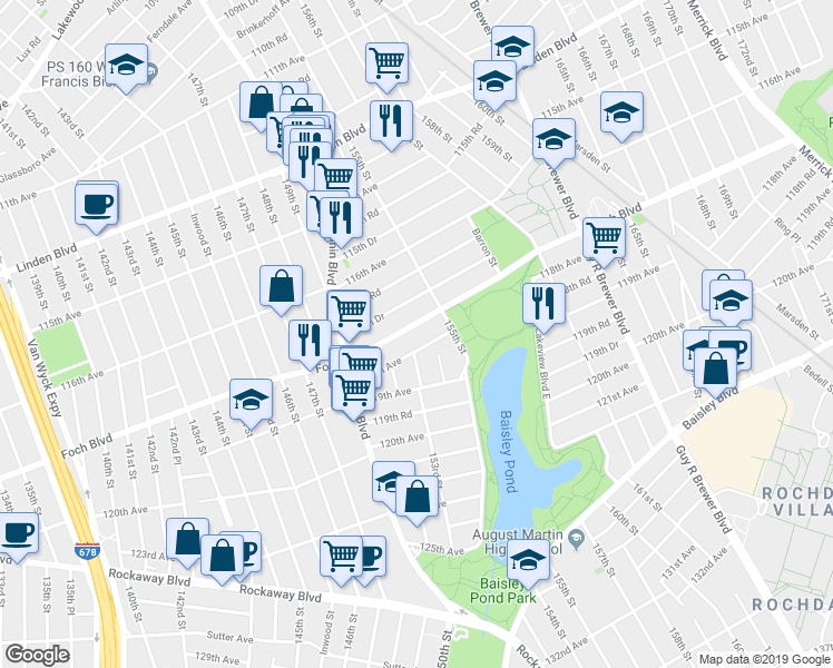 map of restaurants, bars, coffee shops, grocery stores, and more near 153-14 Foch Boulevard in Queens