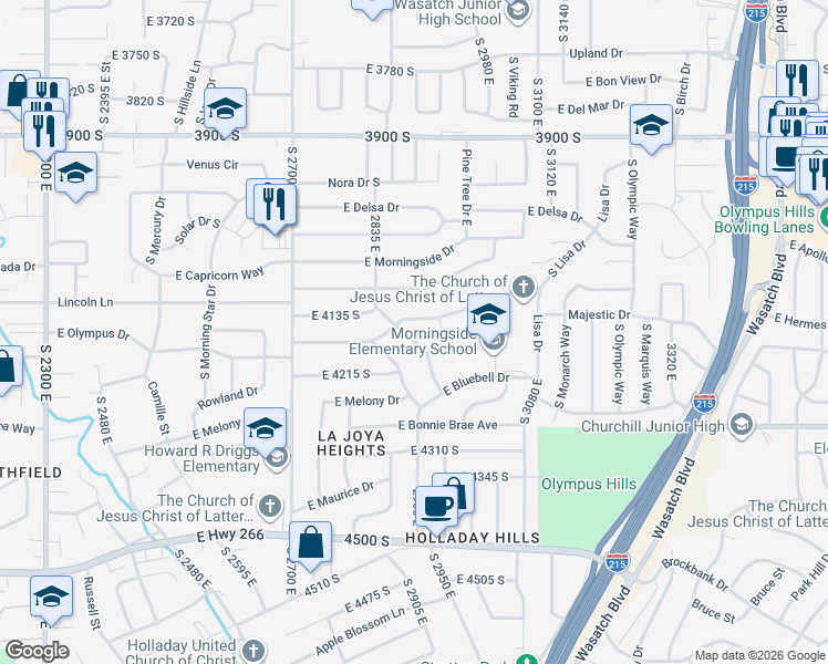 map of restaurants, bars, coffee shops, grocery stores, and more near 4163 South Shanna Street in Salt Lake City