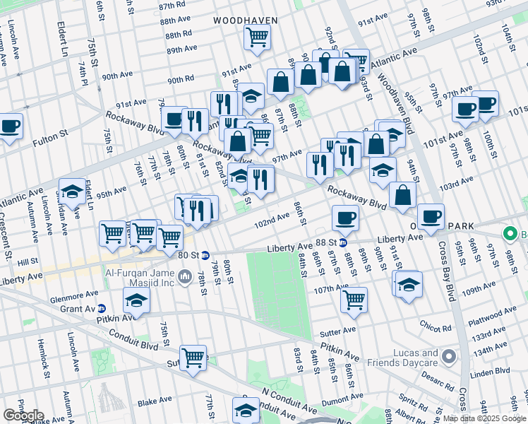 map of restaurants, bars, coffee shops, grocery stores, and more near 83-18 101st Avenue in Queens