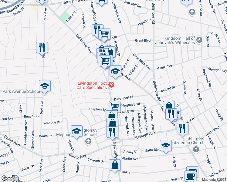 map of restaurants, bars, coffee shops, grocery stores, and more near 1695 Newbridge Road in North Bellmore