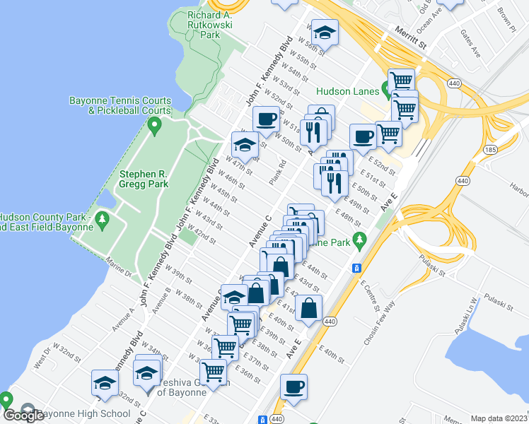 map of restaurants, bars, coffee shops, grocery stores, and more near 969 Avenue C in Bayonne