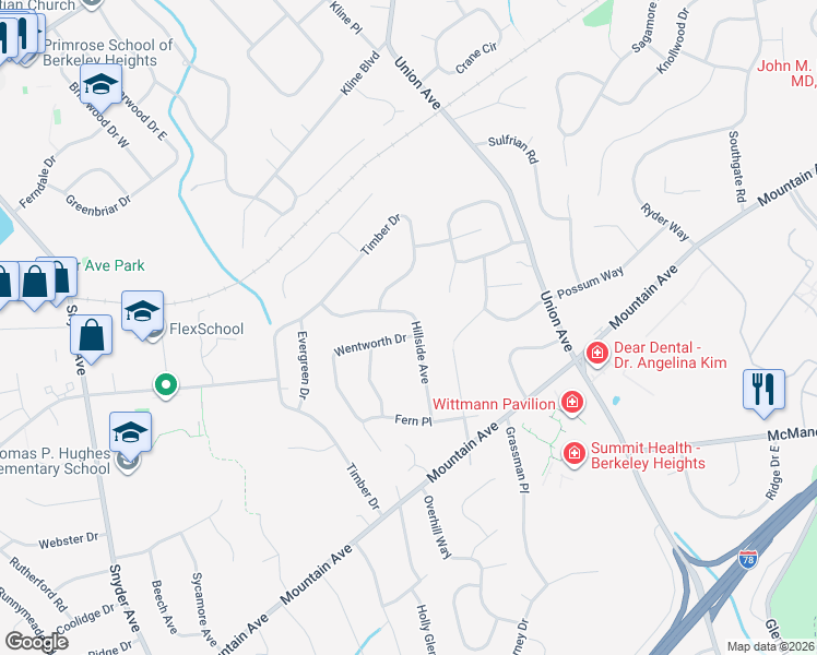 map of restaurants, bars, coffee shops, grocery stores, and more near 5 Wentworth Drive in Berkeley Heights
