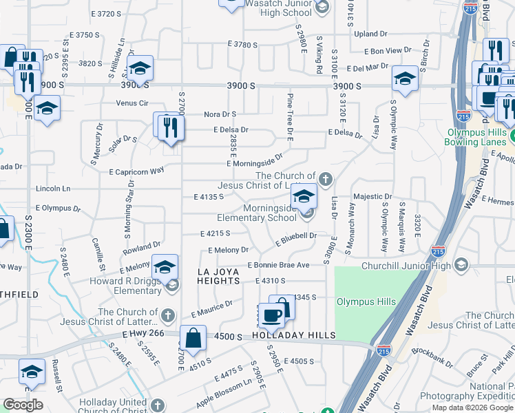 map of restaurants, bars, coffee shops, grocery stores, and more near 4163 South Shanna Street in Salt Lake City