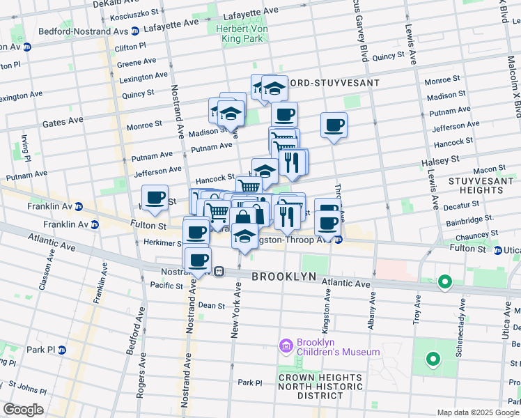map of restaurants, bars, coffee shops, grocery stores, and more near 138 Macon Street in Brooklyn