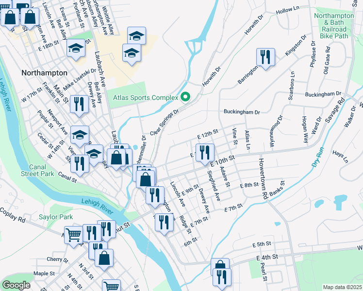 map of restaurants, bars, coffee shops, grocery stores, and more near 328 East 12th Street in Northampton