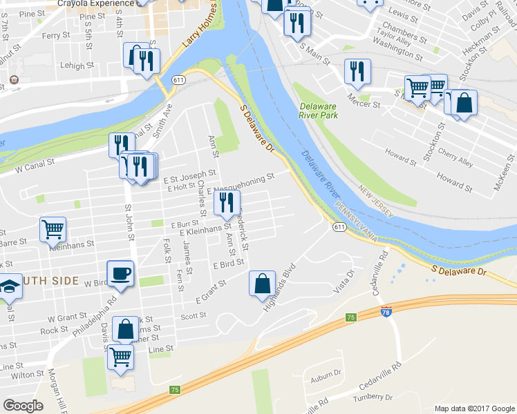 map of restaurants, bars, coffee shops, grocery stores, and more near 339 East Wilkes Barre Street in Easton