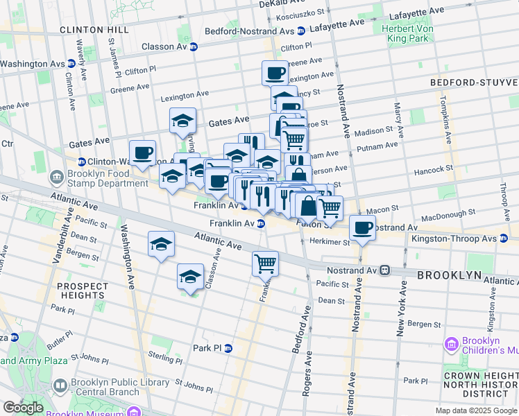map of restaurants, bars, coffee shops, grocery stores, and more near 1147 Fulton Street in Brooklyn