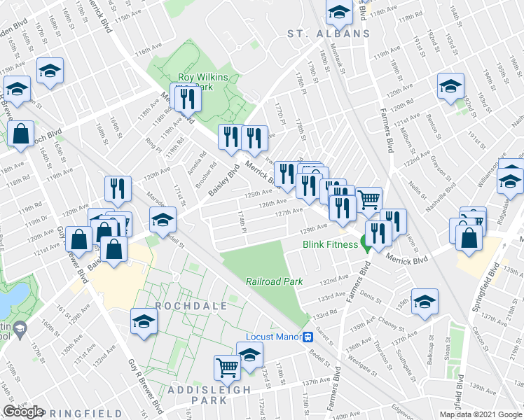 map of restaurants, bars, coffee shops, grocery stores, and more near 174-36 126th Avenue in Queens