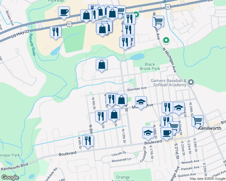 map of restaurants, bars, coffee shops, grocery stores, and more near 309 North 11th Street in Kenilworth
