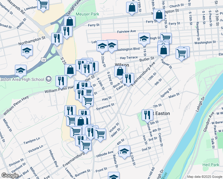 map of restaurants, bars, coffee shops, grocery stores, and more near 2248 Birch Street in Easton