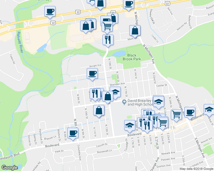 map of restaurants, bars, coffee shops, grocery stores, and more near 299 North 14th Street in Kenilworth