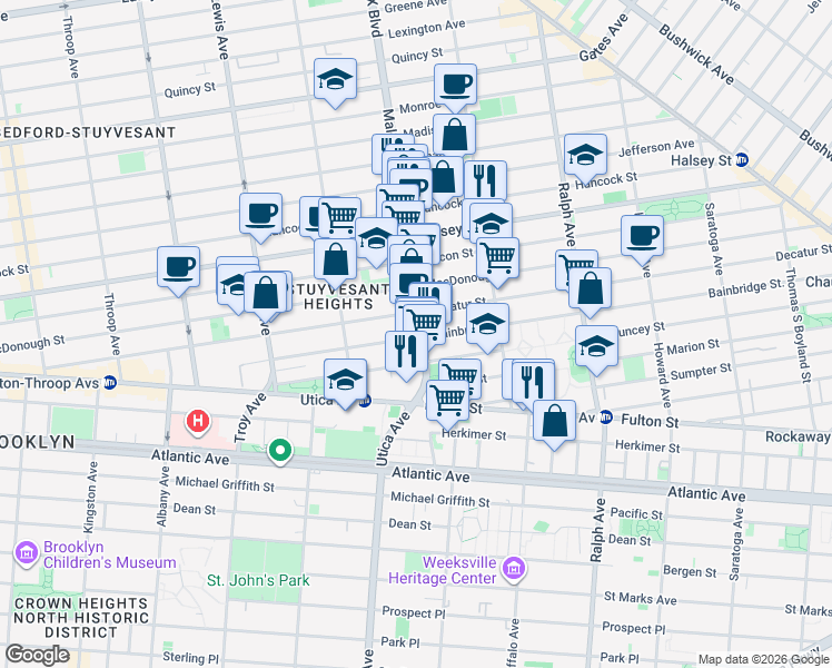 map of restaurants, bars, coffee shops, grocery stores, and more near 332 Malcolm X Boulevard in Brooklyn