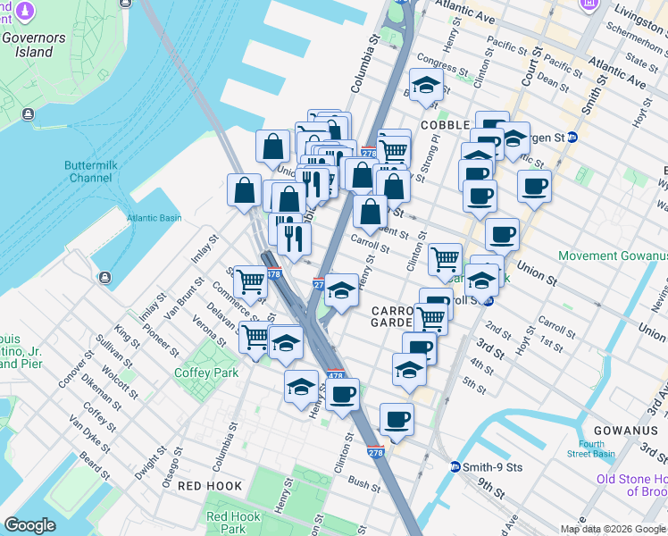 map of restaurants, bars, coffee shops, grocery stores, and more near 639 Hicks Street in Brooklyn