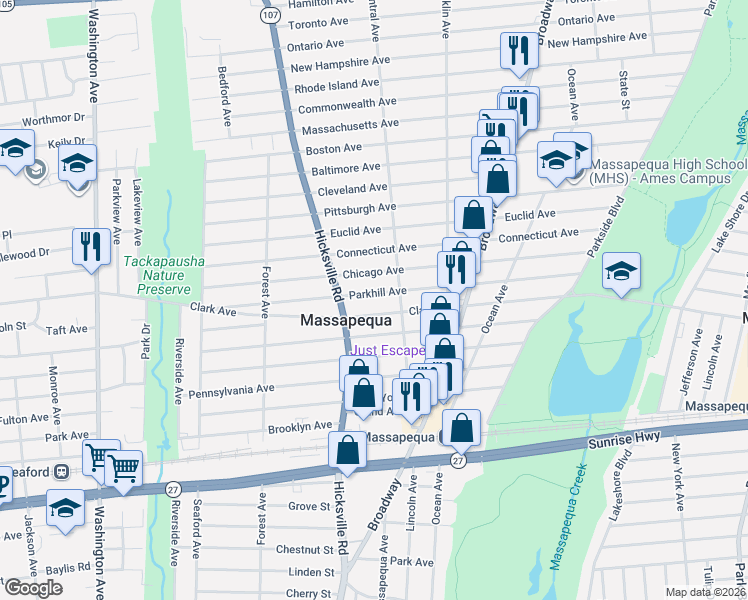 map of restaurants, bars, coffee shops, grocery stores, and more near 82 Parkhill Avenue in Massapequa