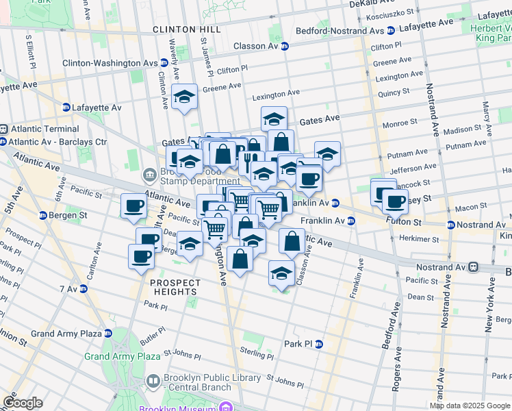 map of restaurants, bars, coffee shops, grocery stores, and more near 50 Lefferts Place in Brooklyn
