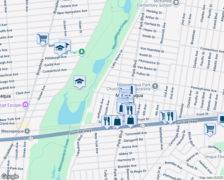 map of restaurants, bars, coffee shops, grocery stores, and more near 40 Mc Kinley Street in Massapequa Park