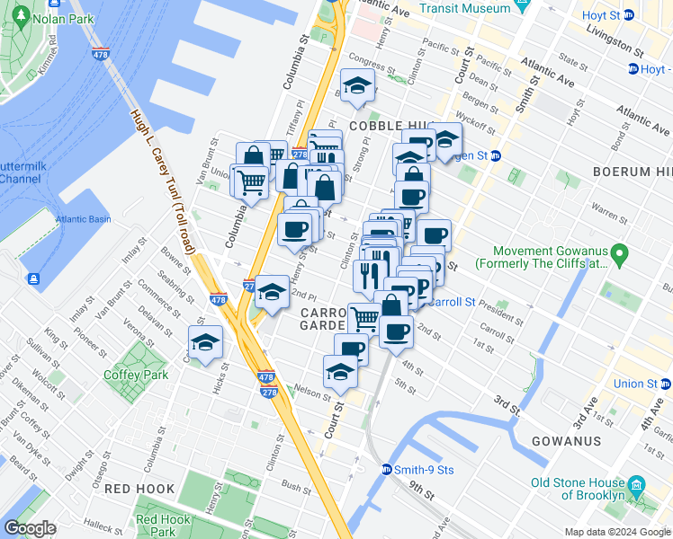 map of restaurants, bars, coffee shops, grocery stores, and more near 448 Clinton Street in Brooklyn